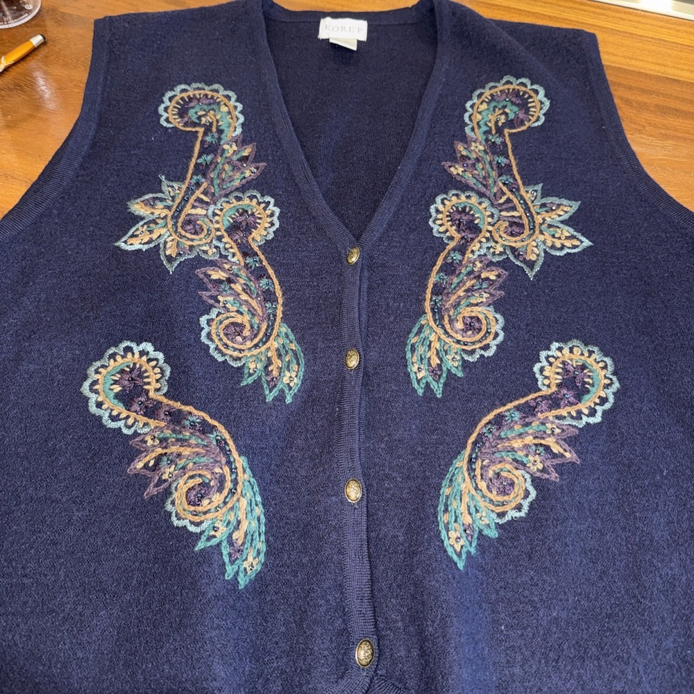 Vintage Koret Women's Pure Wool  Navy Blue Embroidered Sweater Vest XL